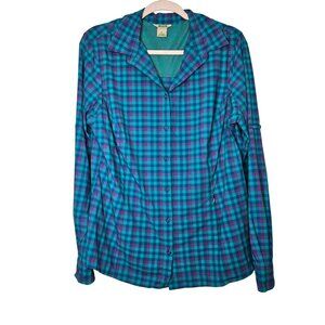 Duluth Trading Womens Large Blue Purple Plaid Button-Up Shirt Fishing Zip Pocket